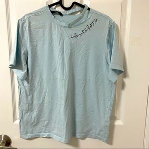 Unisex Casual Vintage Sky Blue Embroidery Cut Out Neck Short Sleeves Stretch Tee